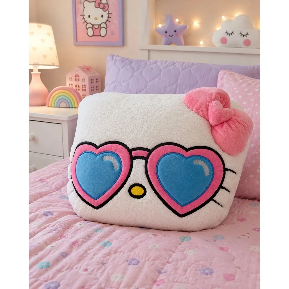 Sanrio Hello Kitty Sherpa Heart Sunglasses Plush Pillow White Pink NEW